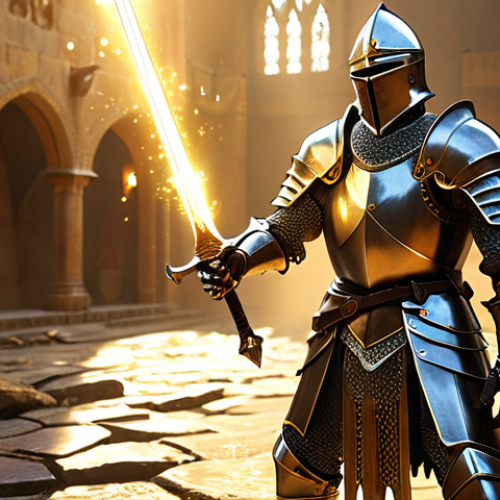 **

A heavily armored knight, bathed in golden light, wielding a shining sword. Embedded in his armor are several glowing crystals: one emphasizing defense, another HP regeneration. Background: a fierce battle scene with monsters. The overall feel is powerful and resilient, showcasing the benefits of choosing the right crystals for a Knight class. Keywords: Lineage, Knight, crystal, armor, battle, defense, HP regen, strong, 光 (hikari - light), 騎士 (kishi - knight), 冒険 (bouken - adventure).

**