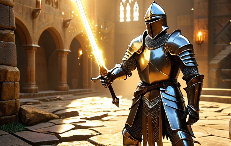 **

A heavily armored knight, bathed in golden light, wielding a shining sword. Embedded in his armor are several glowing crystals: one emphasizing defense, another HP regeneration. Background: a fierce battle scene with monsters. The overall feel is powerful and resilient, showcasing the benefits of choosing the right crystals for a Knight class. Keywords: Lineage, Knight, crystal, armor, battle, defense, HP regen, strong, 光 (hikari - light), 騎士 (kishi - knight), 冒険 (bouken - adventure).

**