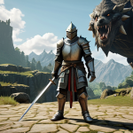 **

A beginner Knight character standing in the Talking Island area in *Lineage*. The Knight is wearing basic starting armor and wielding a simple sword. The background shows peaceful scenery with low-level monsters like wolves and goblins. Focus on conveying a sense of starting a new adventure.

**