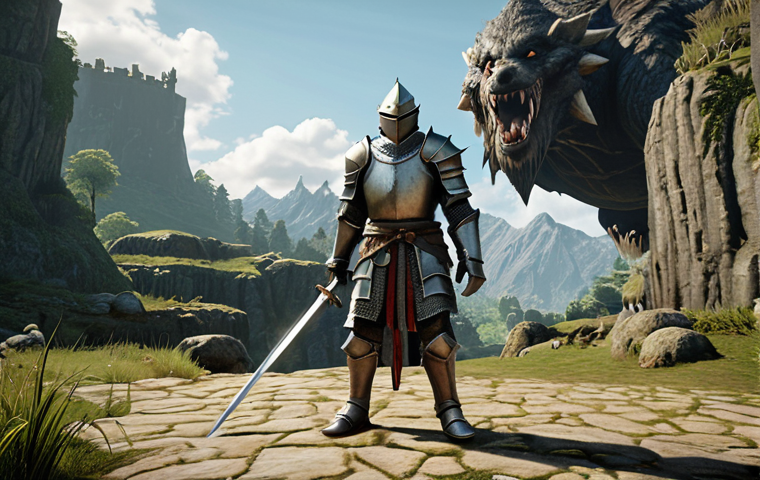**

A beginner Knight character standing in the Talking Island area in *Lineage*. The Knight is wearing basic starting armor and wielding a simple sword. The background shows peaceful scenery with low-level monsters like wolves and goblins. Focus on conveying a sense of starting a new adventure.

**